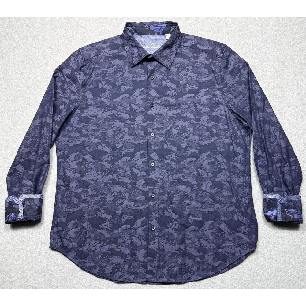 Robert Graham Shirt Mens XL Blue Junk Yard Car Motorcycle Classic Fit Flip Cuff - Picture 2 of 11